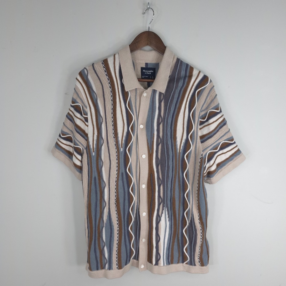 Abercrombie & Fitch Cardigan Sweater Mens Large Beige 3D Knit Short Sleeve